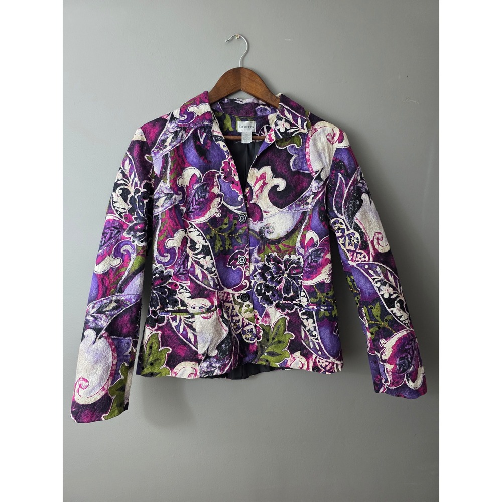 Chicos Purple Floral Paisley Sequin Blazer Jacket 100% Cotton Size 1 Medium
